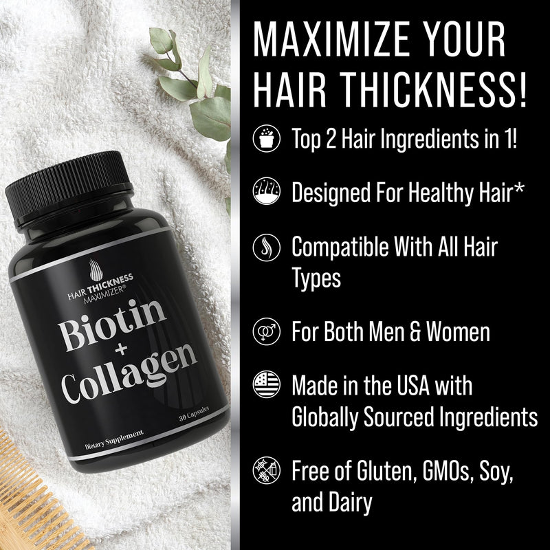 Biotin and Collagen Supplement with 10000mcg Biotin. 2-in-1 Vitamin Complex | Bovine Collagen for Thinning & Brittle Hair, Advanced, Supports Thicker, Healthier Hair Growth for Women, Men