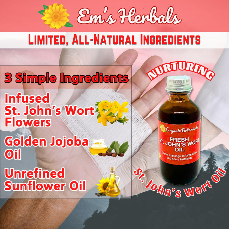 Em's Herbals Fresh St. John’s Wort Oil - Wild Harvested in USA, Natural Solution for Nerve Discomfort, Skin Eruptions, Wound Care, Scar, and Stretch Marks - Skin, Face, Body, Hair, Massage Oil (4 Oz) 4 Fl Oz (Pack of 1) - BeesActive Australia