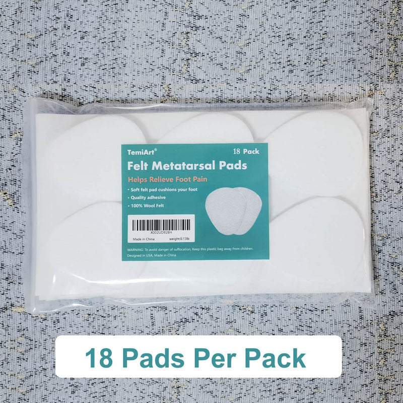 18-Pack Ball of Foot Cushions - Metatarsal Pads for Pain Relief Forefoot, 1/4" Thick Felt Foot Pads for Women & Men Plantar Fasciitis Neuroma