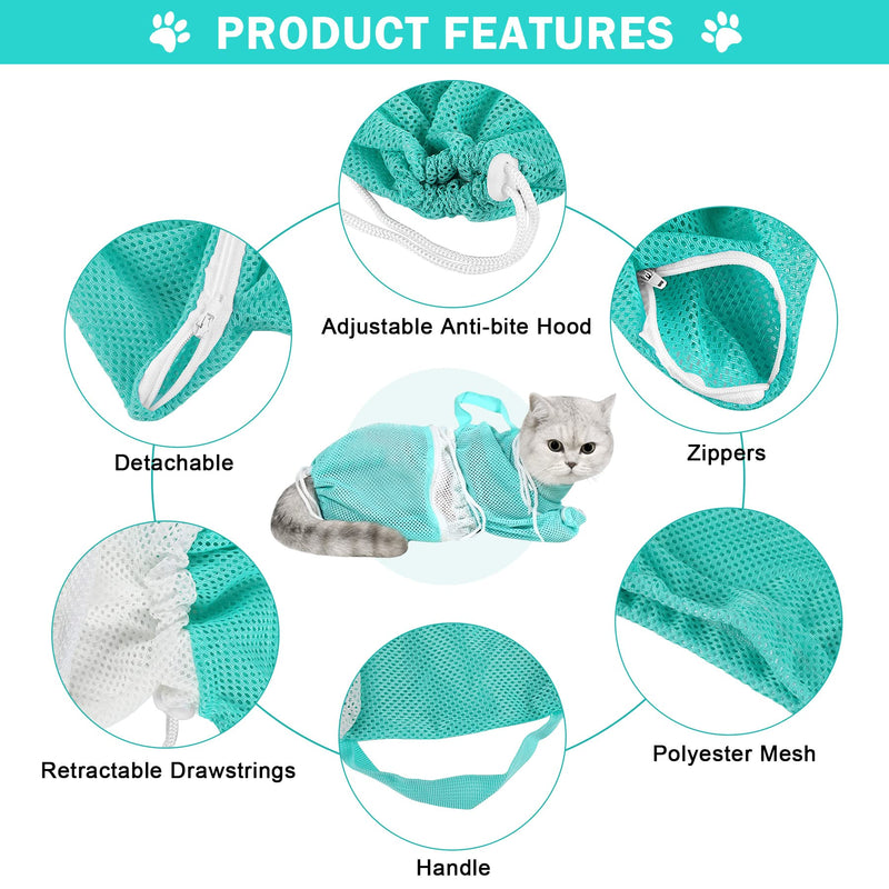 JULMELON Cat Washing Bag 10 PCS Set, Adjustable Cat Shower Net Bag and Pet Grooming Brush with Nail Clipper Nail File Hair Combs Tick Tool Nail Caps for Bathing Nail Trimming Examination（Grey+Green） Grey+Green - BeesActive Australia