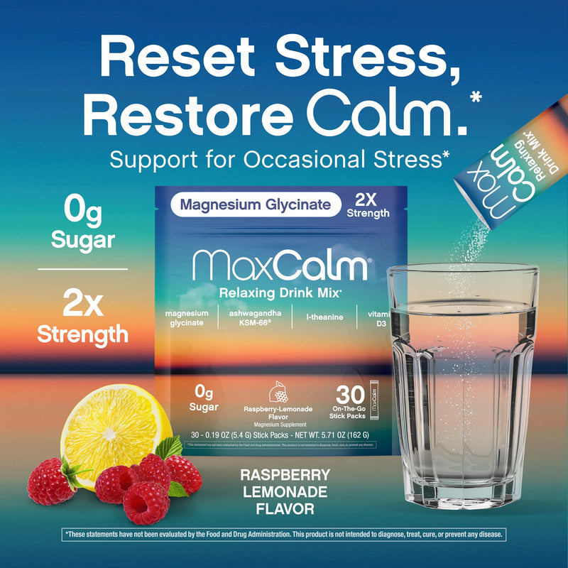 Relaxing Drink Mix | Raspberry-Lemonade Flavor | Magnesium & KSM-66 Ashwagandha Supplement | Supports Relaxation | 30 Single-Serve Packets