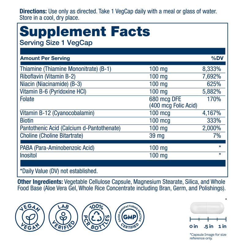SOLARAY Vitamin B Complex 100mg - Cellular Energy, Nerve and Heart Health Support - Supplies All 8 B Complex Vitamins - Vitamin B12, B1, B2, B3, B6, Niacin, Folic Acid and Biotin - Vegan, 50 Servings | Complete B Complex Vitamins for Women & Men with F...