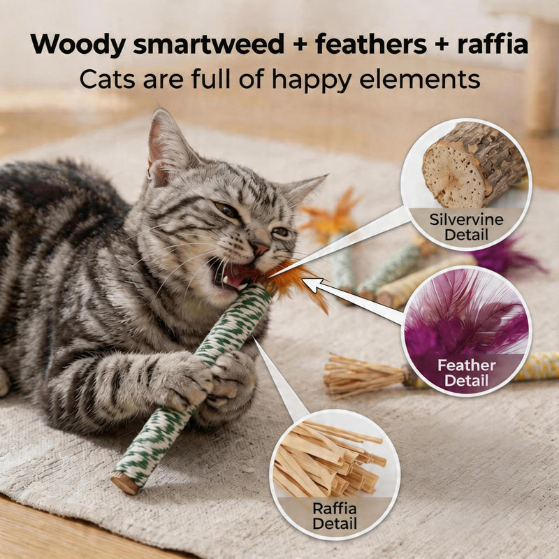 Cat Silvervine Toys - Natural Matatabi Cat Chews with Feathers & Raffia, Organic Catnip Sticks for Dental Care, Stress Relief (4 Packs)