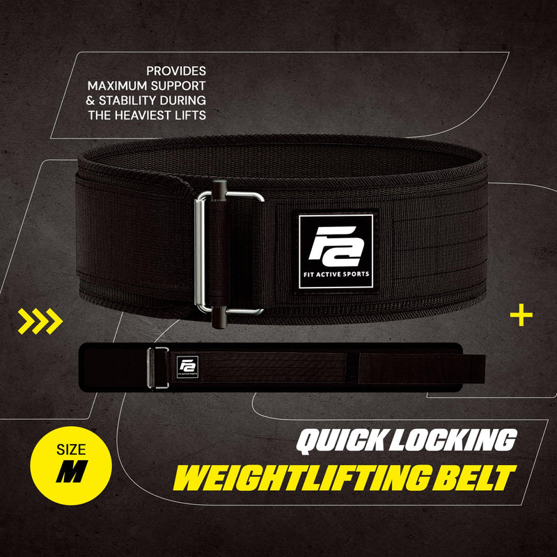 Fit Active Sports Self Locking Weight Lifting Belt | Premium Weightlifting Belt for Cross Training, Fast Locking Release Mechanism for Fitness and Power Lifting - Weightlifting Back Support for Men and Women Medium Black