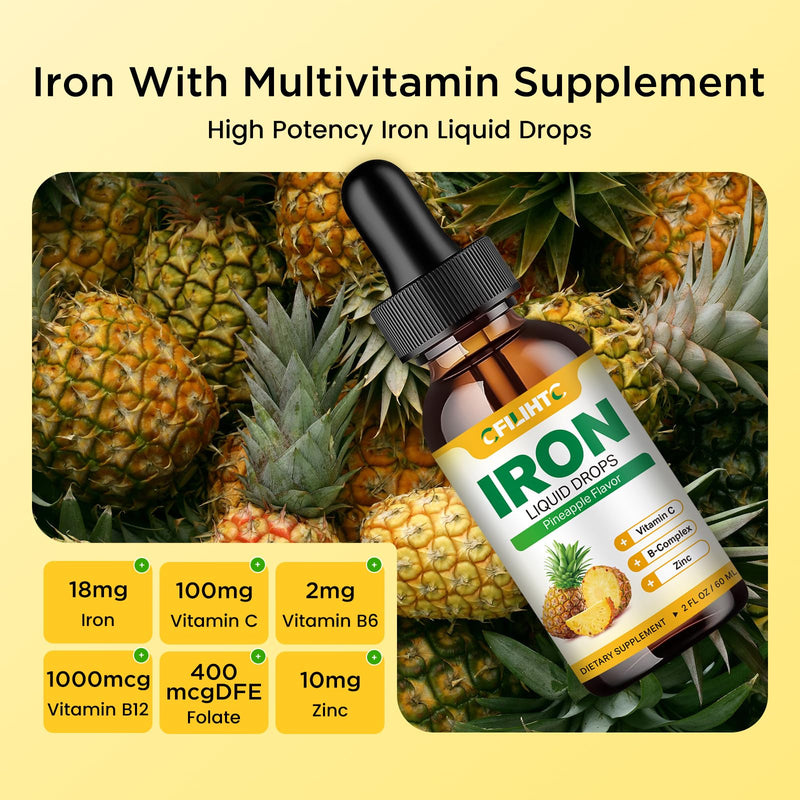 Liquid Iron Supplement for Women Men & Kids Multivitamin Iron Drops with Folate, Vitamin C, B6, B12, Zinc for Anemia, Iron Deficiency, Blood Builder, Energy - Natural Pineapple Flavor, Vegan 2 Fl Oz 2 Fl Oz (Pack of 1)