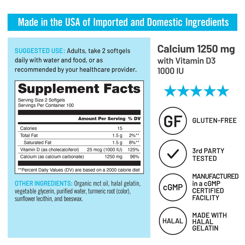 NatureWise High-Purity, All-Natural Calcium 1250mg + Vitamin D3 1000IU + Organic MCT Coconut Oil - Pregnancy Safe + Non-GMO - Absorption Friendly, Gluten Free - 200 Softgels[100-Day Supply] Unflavored 200 Count (Pack of 1)