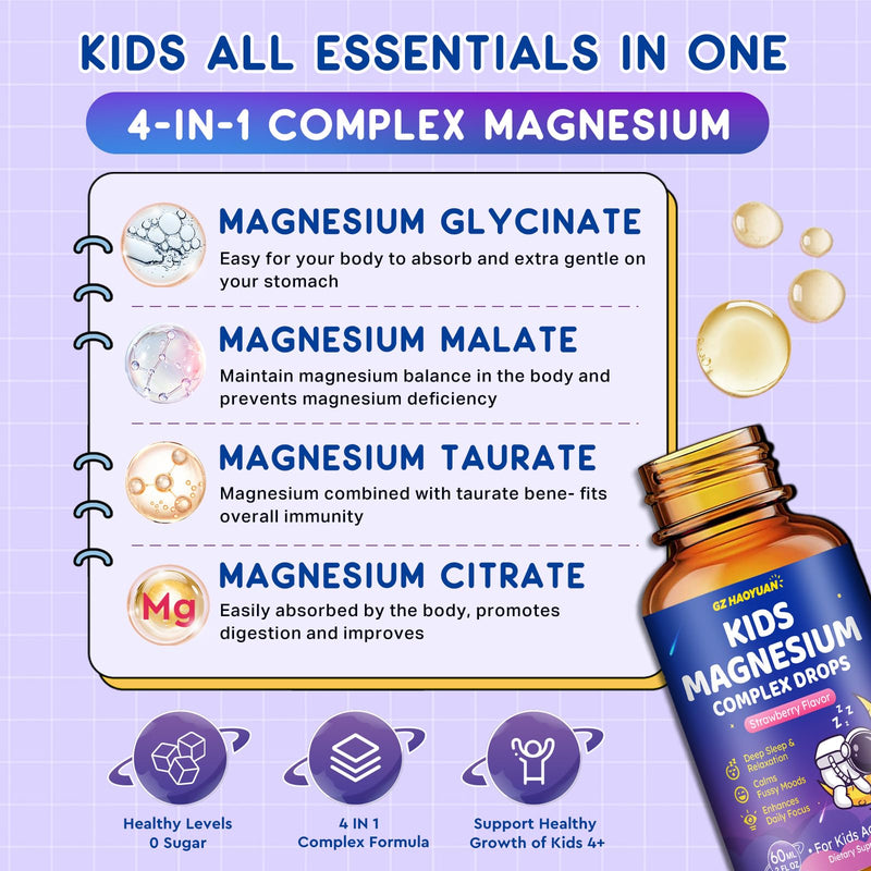 Magnesium Complex Liquid for Kids, Magnesium Glycinate, Malate, Taurate, Citrate with L-Theanine, Vitamin B6, B12, D3 Kids Liquid Drops for Sleep, Relaxation, Calm, Focus - 4 Fl Oz, Strawberry Flavor 4 Fl Oz (Pack of 1)
