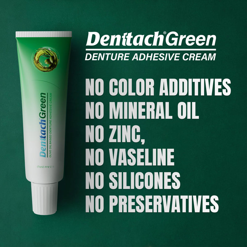 Denttach Green Denture Adhesive, Petroleum Free Olive Oil Based Denture Cream for Full and Partial Dentures, All Day Secure Hold Premium Denture Glue, Zinc Free, 2.4 Ounce
