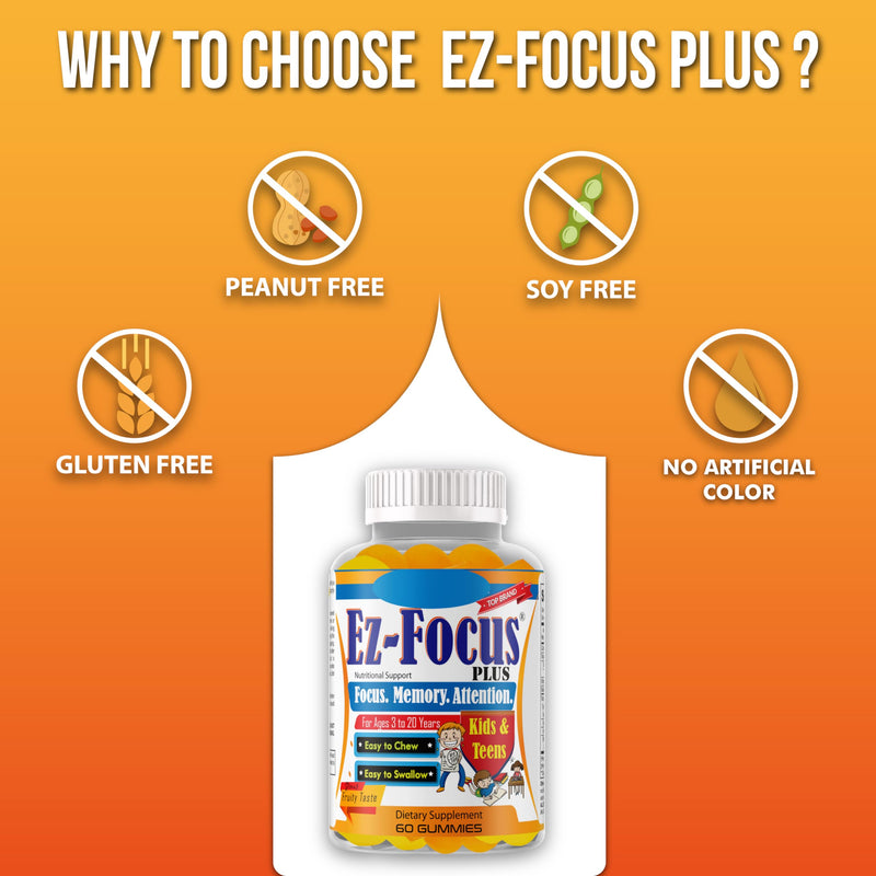 Plus Brain Booster Omega 3 Kids Focus and Attention Supplements for Cognitive Health, Support Memory, Mental Clarity, Concentration for Children and Teens - Fruity Flavor Vitamins 60 Count