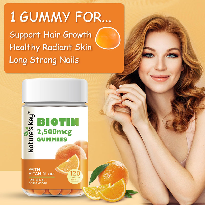 Nature's Key Biotin Gummies with Vitamin C and E, Support Hair Nails Growth & Beautiful Skin for Women Men and Kids, Vegan, Orange Flavors, 120 Count 120 Count (Pack of 1)