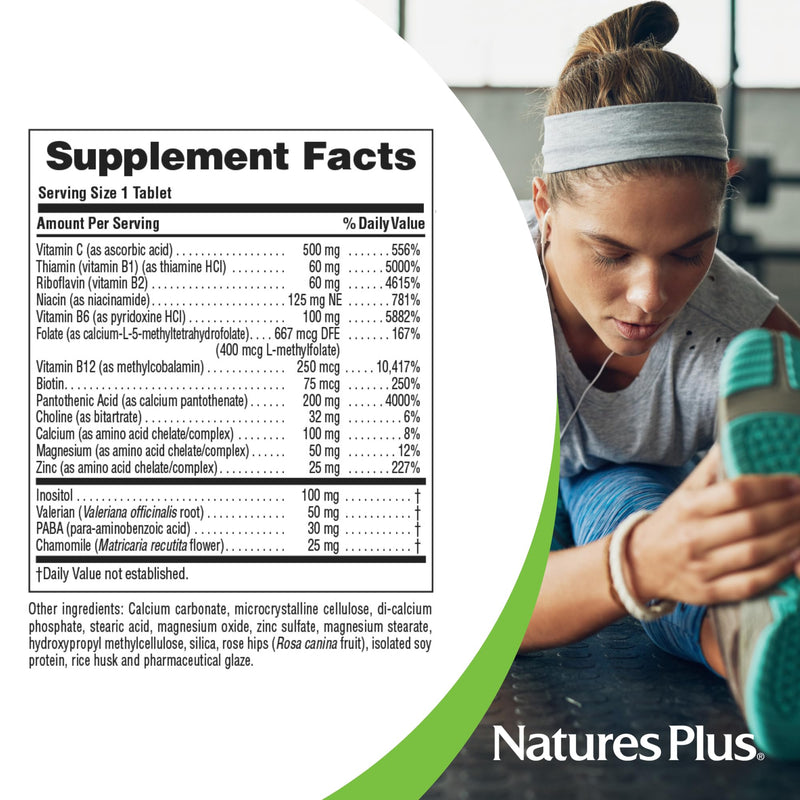 NaturesPlus Mega-Stress Complex, Sustained Release - 90 Vegetarian Tablets - B Complex, Vitamin C Stress Relief Supplement, Chamomile & Herbs for Natural Calm - Gluten-Free - 90 Servings