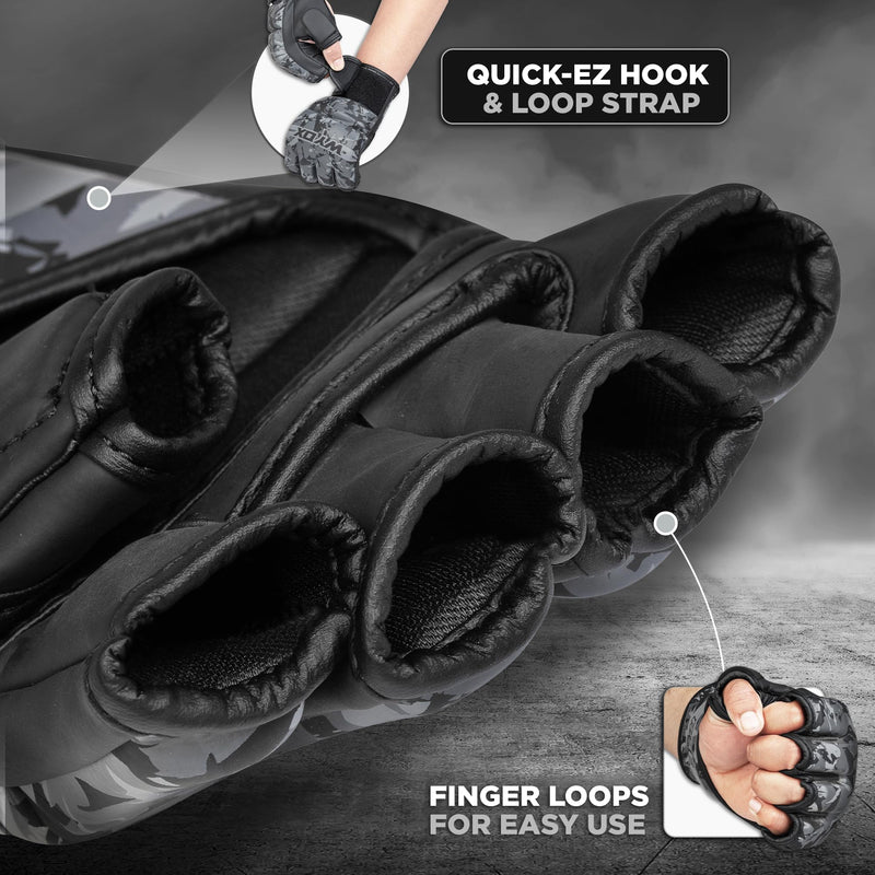 WYOX MMA Gloves for Men & Women – Grappling & Sparring Boxing Gloves with Open Palm Design, Padded Fingerless Training Gloves for Kickboxing, Muay Thai L / XL (21-27 cm) Grey Camo