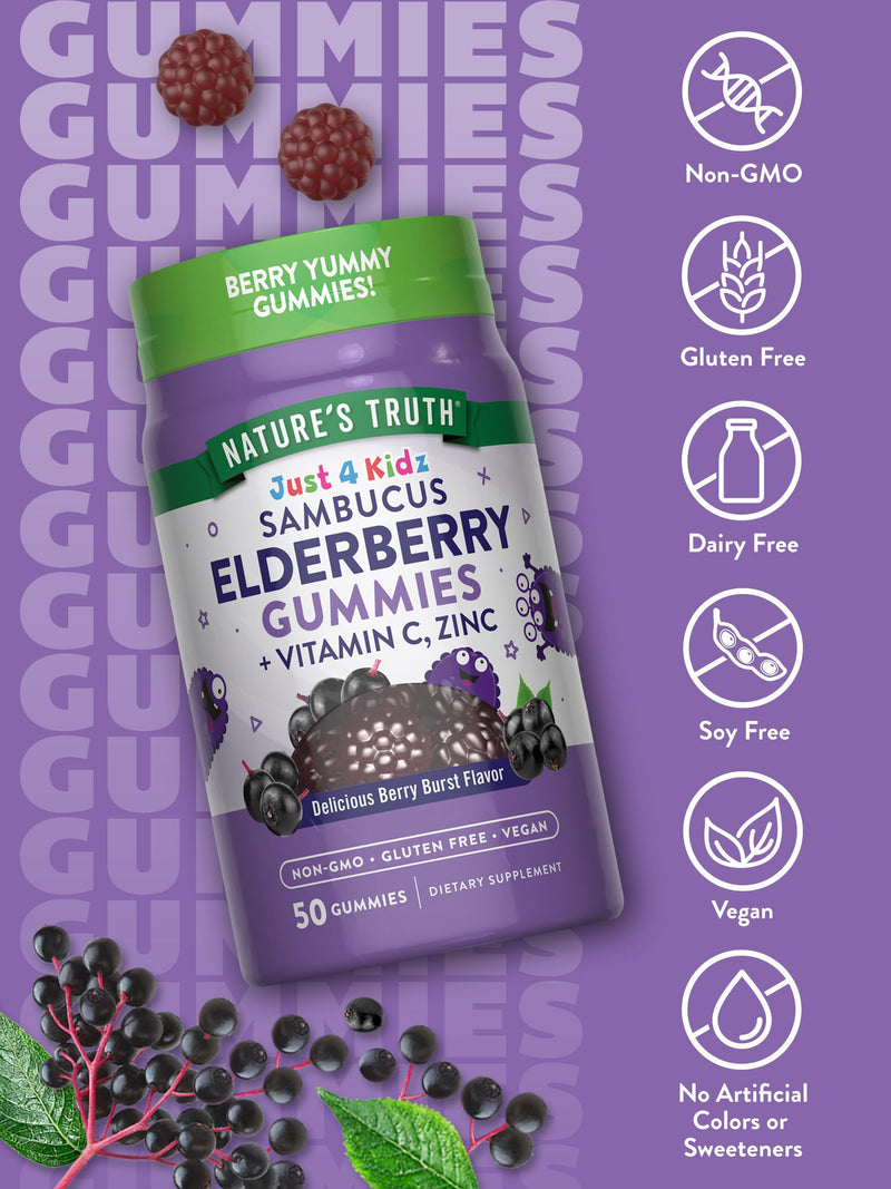 Nature's Truth Kids Elderberry Gummies | 50 Count | with Zinc and Vitamin C | Vegan, Non-GMO & Gluten Free Supplement 50 Count (Pack of 1)