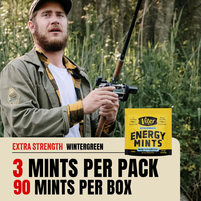 Viter Energy Caffeine Mints 80mg Extra Strength - 90 Pieces Caffeinated with B Vitamins. Sugar Free Vegan Breath Mint. Energize Nootropic Focus Booster for Fast Alertness (Wintergreen Flavor, 30 Pack) Wintergreen 90 Count (Pack of 1)