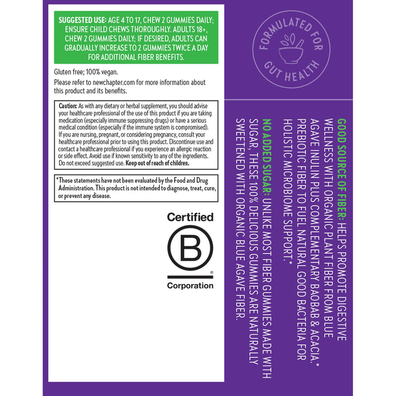 New Chapter Organic Fiber Gummies for Adults & Kids (Age 4+), Plant-Based Prebiotic Fiber for Digestive Health, Vegan, Non-GMO, USDA Organic, Gluten Free, Citrus-Berry Flavored, 60 ct - BeesActive Australia