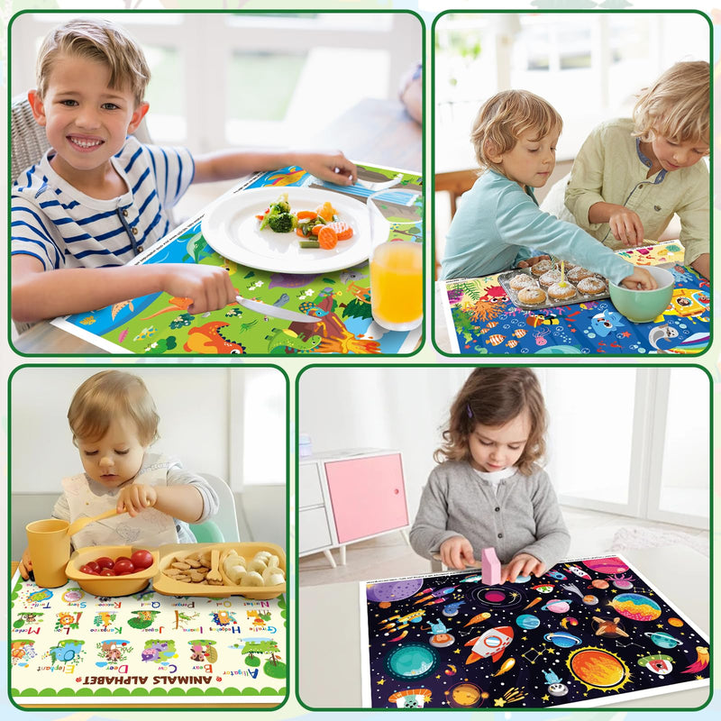 Sticky Disposable Placemats 40Pack: 12" x 18" Adhesive Table Mats for Baby,Plastic Travel Placemats for Restaurant High Chair Eating(Animal Space Ocean Dinosaur Theme) 12x18 Inch (Pack of 40)