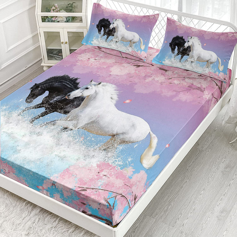 Kids Horse Sheet Set Galloping Horse Printed Fitted Sheet 3PC Cherry Blossoms Petal Bedding Set 3D Wild Animal Bed Cover for Kids Boys Girls Multi1 Twin - BeesActive Australia