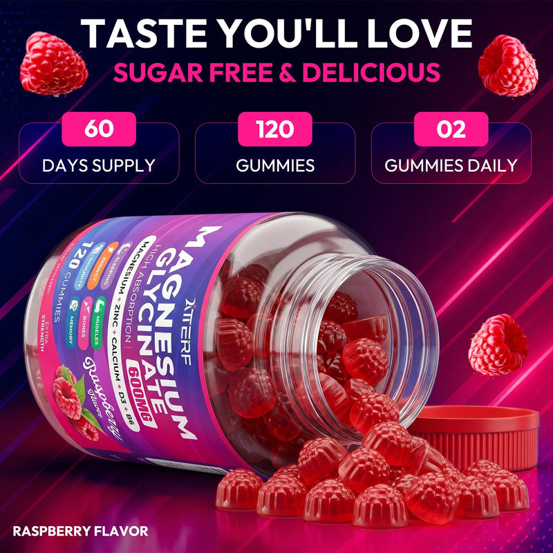 Magnesium Glycinate Gummies 600mg, Sugar Free High Absorption Chewable Magnesium Gummies with Zinc, Calcium, CoQ10 & B6 for Zzz, Relaxation, Brain & Muscle Support, Magnesium Supplement with Family 120 Count (Pack of 1)