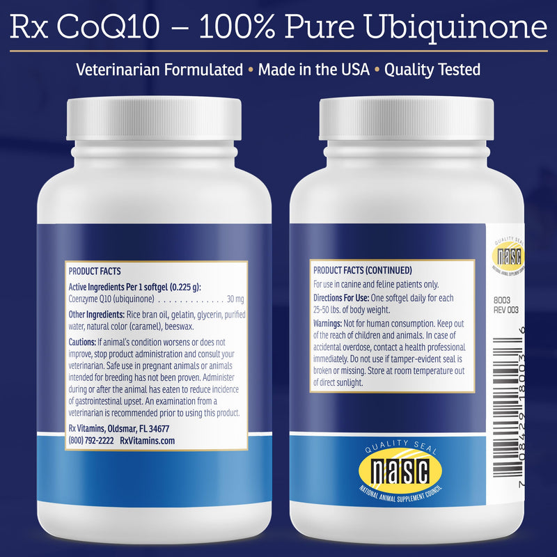 Rx Vitamins CoQ1030 - Coenzyme Q10 for Dogs & Cats - 30ct | 100% Pure Ubiquinone Cat & Dog Heart Supplements - Promotes Cardiovascular Function and Antioxidant Support