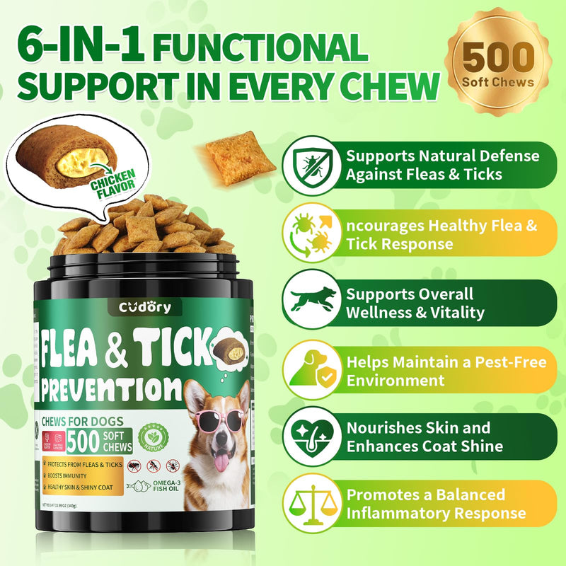 Flea and Tick Prevention for Dogs Chews, Dog Flea Chewables with Skin & Coat Support – Oral Supplement for All Breeds & Ages – Natural Duck & Chicken & Cheese Flavor