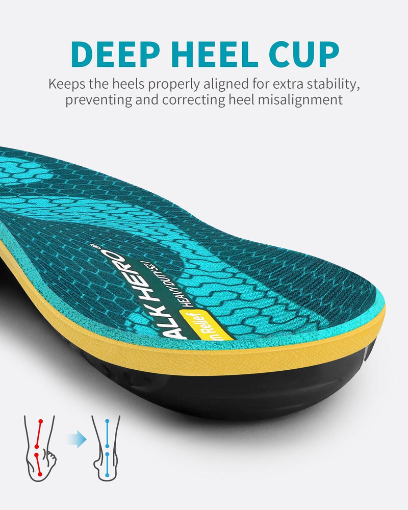 WalkHero Heavy Duty Pain Relief Insoles, 220+lbs High Arch Support Orthotics Inserts for Plantar Fasciitis, Flat Feet, Pronation and Heel Pain (Mens 8-8.5 | Womens 10-10.5, Coral Green) Mens 8 - 8.5 | Womens 10 - 10.5 - BeesActive Australia