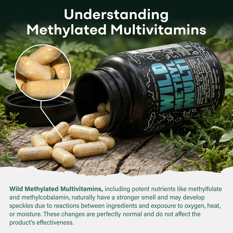 Wild Methylated Multivitamin for Men & Women, MTHFR Supplement 120 Capsules | Without Iron Methylated B12, Folate, Vitamin C, A, K2, D, E, Choline, Biotin, ALA, CoQ10, Non-GMO, Gluten Free, Vegetarian 60 Count (Pack of 2) Men/Women