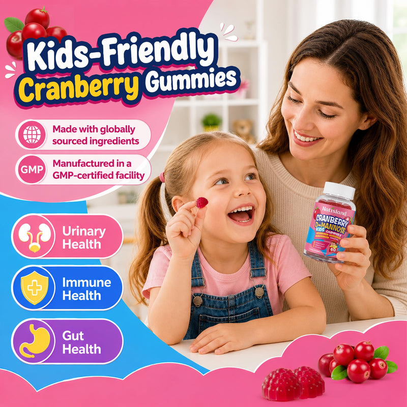 Cranberry & D-Mannose Gummies for Kids 4+, D Mannose with Cranberry Supplement for Urinary Tract Health & Immune Health, with Vitamin C, D3, Zinc, Probiotic & Prebiotic Blend, Sugar-Free, Vegan, 60 Ct
