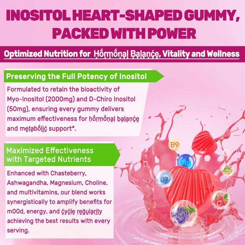 Inositol Gummies for Women + Chasteberry, Myo-Inositol & D-Chiro Inositol 2000mg + 50mg Ideal 40:1 Ratio with Methylated B12 & Folate, Choline, Magnesium,Vitamin D3 for Overall Health,Sugar Free,60Cts 60 Count (Pack of 1)