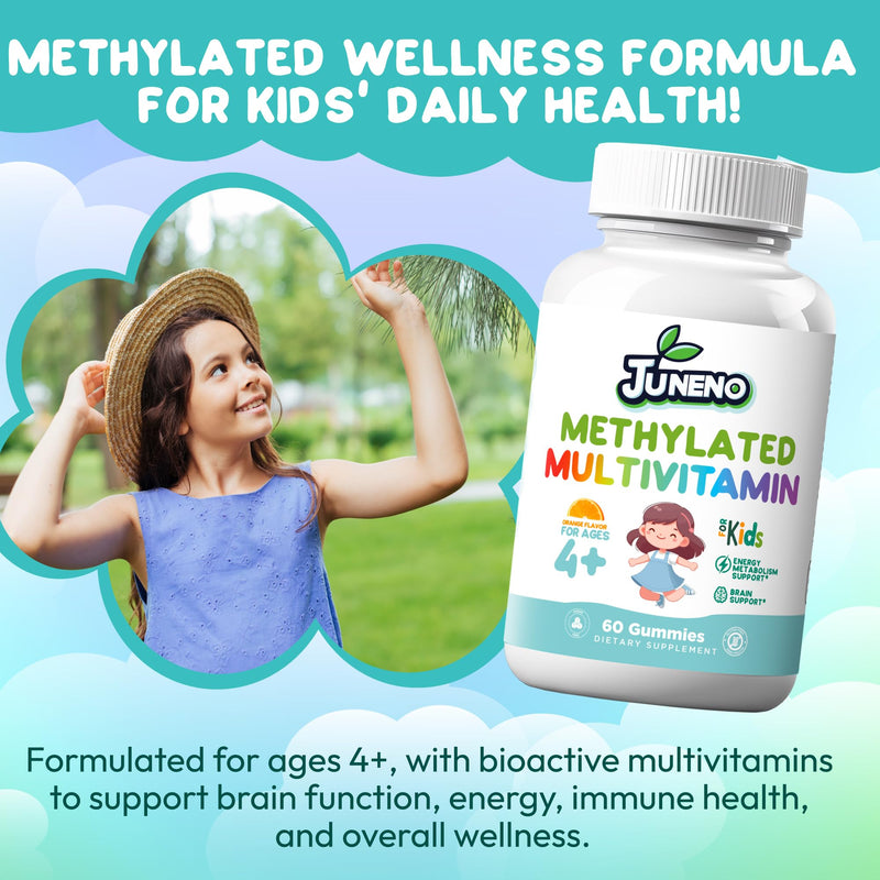 Methylated Multivitamin Gummies for Kids- Vegan Gluten Sugar Free | MTHFR Support Supplement with B Complex 5-MTHF Folate (L-Methylfolate) B1 B3 B6 Methylcobalamin B12 Biotin Vitamins A C D3 E