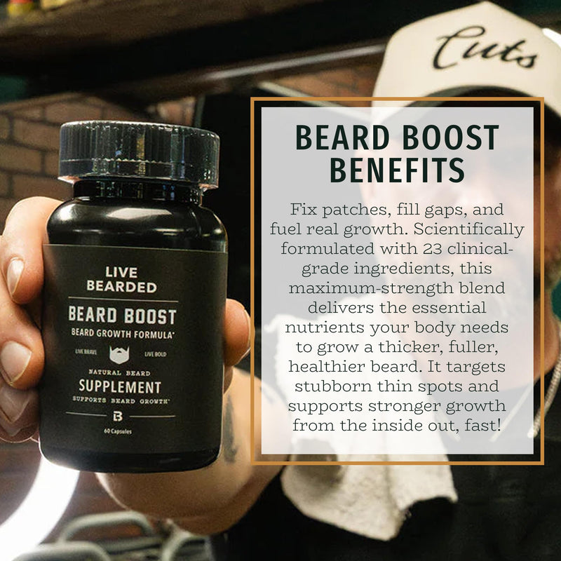 Live Bearded® Beard Boost, Beard Growth Vitamins for Men, 30-Day Supply | Biotin 5000mcg, Collagen, Silica & Fo-Ti Root, Made in USA, Supports Thicker, Stronger Beard & Scalp Hair Growth 30 Day Supply
