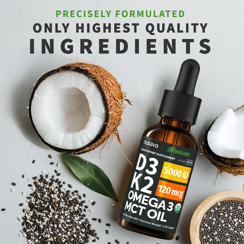 (4 Pack) Organic Vitamin D3 K2 Drops with MCT Oil & Omega 3 - Liquid Vitamin D3 5000 IU - K2 D3 Vitamin Supplement - Vitamin D Drops for Women & Men - No Fillers, Non-GMO, GMP, Unflavored (4 Fl Oz) Unflavored (Regular) 1 Fl Oz (Pack of 4)