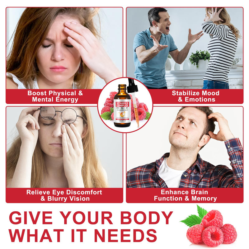 Vitamin B Complex Liquid, Vegan Vitamin B12 Liquid Drops | B12 Methylcobalamin | B1 Thiamine | B6 Pyridoxine | Folic | Niacin - B Complex Liquid Drops, Support Energy, Brain & Heart, 40 Servings
