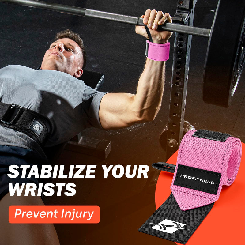 ProFitness Wrist Wraps for Weightlifting with Premium Lifting Straps - Weight Lifting Wrist Wraps and Gym Straps Ideal for Men & Women Workout & Training - Workout Straps with Wrist Support Pink/White