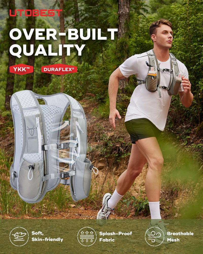 Running Vest, 5L Hydration Vest Lightweight, Breathable and Sweatproof Running Backpack, Adjustable Running Hydration Vest for Trail Running Marathon Race Jogging Cycling Gray Vest 5L with 1.5L Bladder