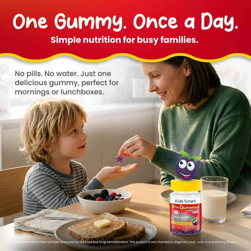 Kids Smart Iron Health Gummies, Iron + Vitamin C, Energy & Immune, Kids 3+ | Iron + Vitamin C, Sugar-Free Vegan Gummy Vitamins, Gluten-Free, Non-GMO, Supports Energy, Immunity & Iron Absorption, 30 Ct
