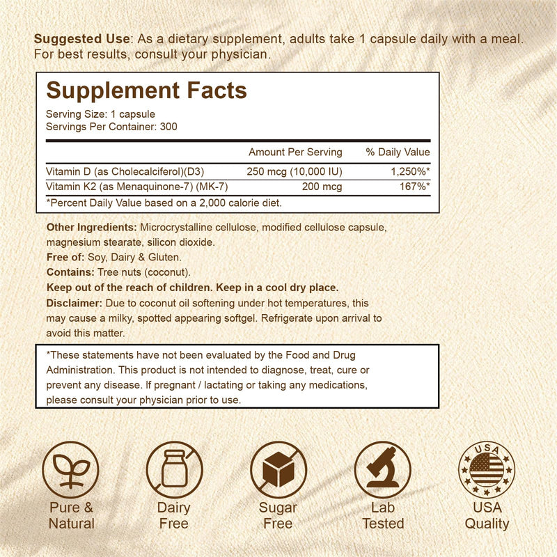 2-in-1 Vitamin D3 K2 Supplement Capsules, Vitamin D3 10000 IU and Vitamin K2 200 mcg, K2 MK7 with D3 Vitamin Supplement Support Immune, Heart, Teeth Health 300 Count (Pack of 1) 10,000 IU D3 & 200MCG K2 Capsules