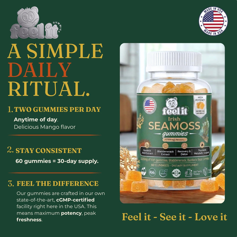 High Potency Irish Sea Moss Gummies – 1750mg Raw Wildcrafted Irish Sea Moss with Bladderwrack & Burdock Root – Thyroid, Immune, Detox & Energy – Manufacturer Direct - Made in USA - 60 Gummies