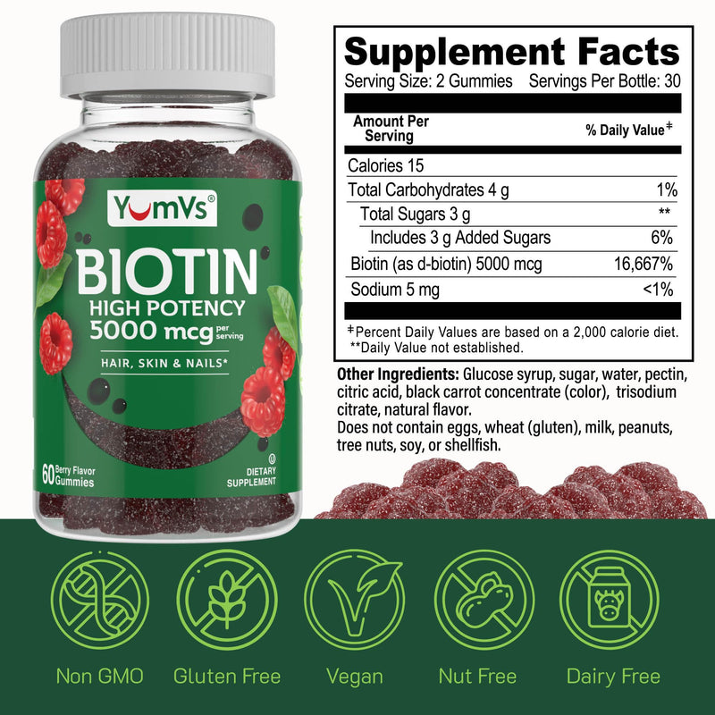 YumVs Biotin Gummies 5000mcg - Luscious Raspberry Flavor - Thicker Faster Hair Growth Gummies for Women or Men - Hair, Skin & Nails Vitamins - Hair Gummies - Vegetarian Biotin Supplement (60 Count) 60 Count (Pack of 1)