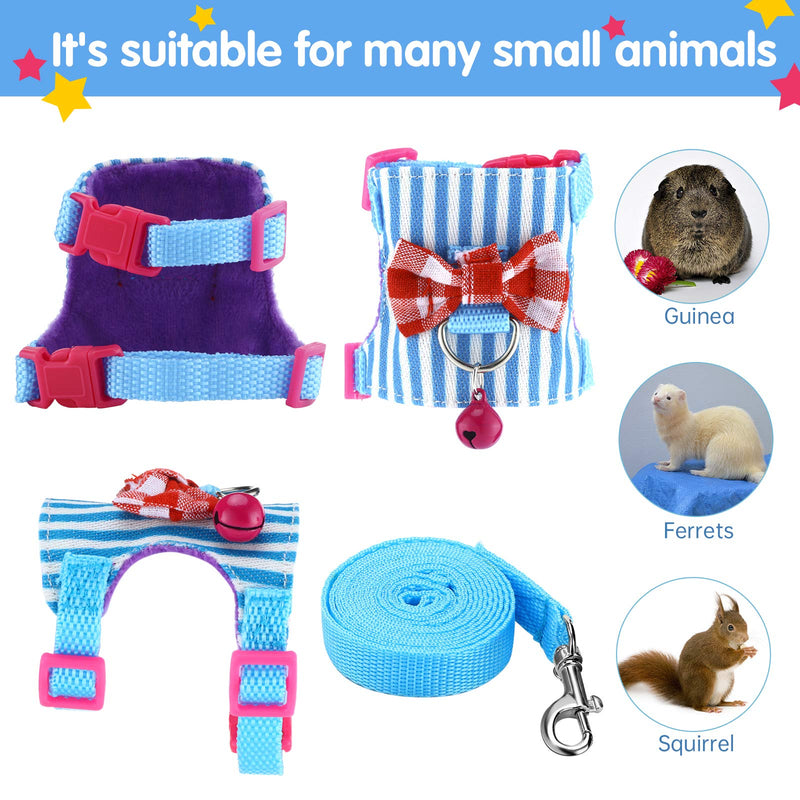 2 Pieces Hamster Harness and Leash Set for Walking, Small Guinea Pig Clothes with Bowknot Bell, No Pulling Comfort Padded Vest Striped for Guinea Pig Hamster Ferret, Small Animals (Blue, Black,S) S Blue, Black
