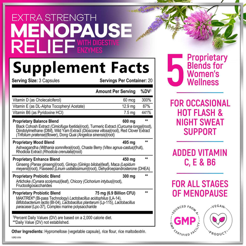 Menopause Supplements for Women - Hot Flash Night Sweats & Menopause Relief Pills - Probiotic Blend 8 Billion CFU Per Serving with Dong Quai & Black Cohosh - Vaginal, Digestive Support - 60 Capsules 60 Count (Pack of 1)