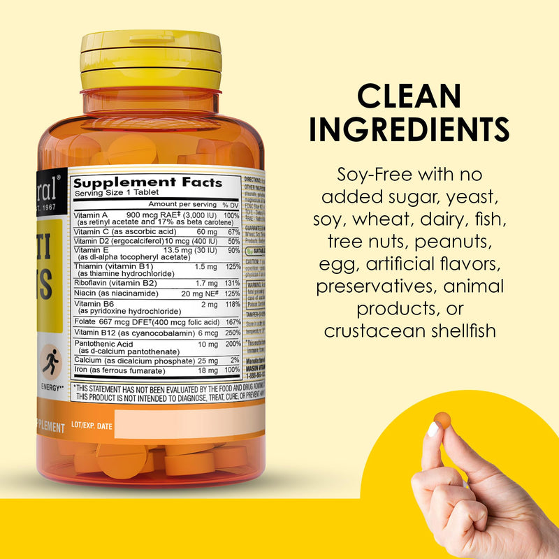 MASON NATURAL Mini Multivitamin with Iron, Gluten Free, 1 Year Supply | 12 essential nutrients plus iron, including vitamins A, C, D, E, B-complex, folate & calcium for daily support 365 Count (Pack of 1)