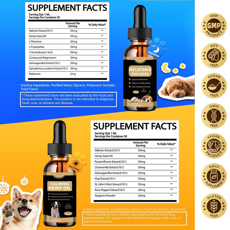 Hemp Oil & Melatonin for Dogs, Day & Night Calming Drops Support Set, Helps with Anxiety, Stress, Aggression, Separation, Sleep, Sеizures Rеlief - Organic Pet Calming Drops(Bacon Flavor)