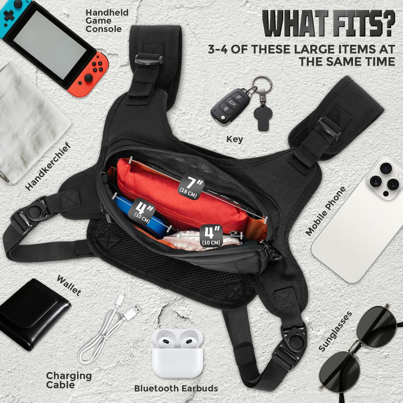Minimalist Chest Bag For Men and Women, Chest Bag Vest For Running, Cycling. EDC Chest Pack Rig For Sports and Workouts Black New - BeesActive Australia
