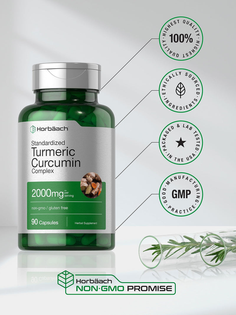 Horbäach Turmeric Curcumin with Black Pepper 2000mg | 90 Capsules | Complex Supplement with Bioperine | Non-GMO, Gluten Free - BeesActive Australia