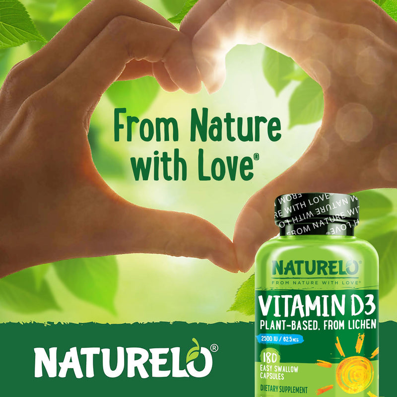 NATURELO Vitamin D3 2500 IU, Joint Support & Bone Health, 180 Count, 2 Pack | Vegan D3 Supplement, Vitamin D Supplements for Immune System, Plant-Based Capsules, Non-GMO, Gluten Free Unflavored 180 Count (Pack of 2)