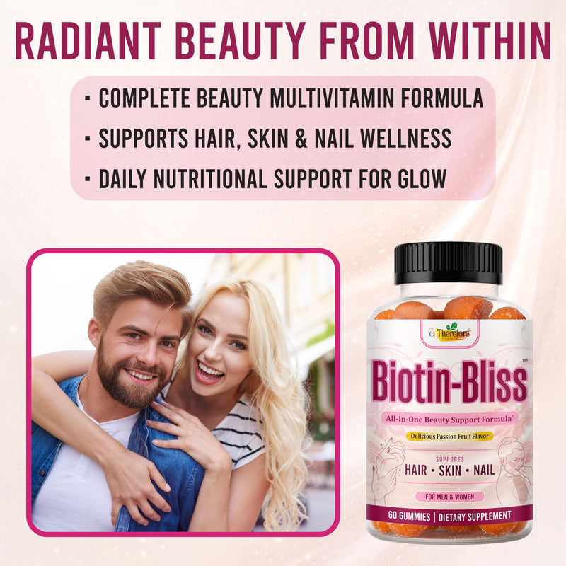 Therefore Hair Skin and Nails Gummies with Biotin 2500mcg, Collagen, Vitamin C, E & Zinc – Beauty Supplement for Women & Men – Daily Hair, Skin & Nail Wellness Support, 60 Gummies