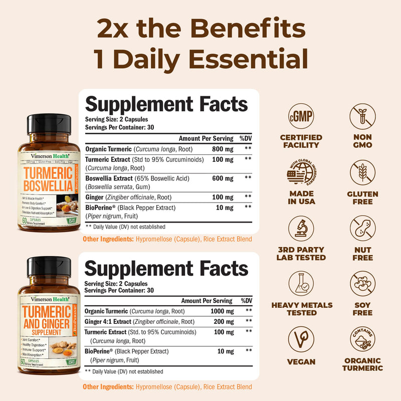 Turmeric Supplement Bundle ‚Äì 2-Pack Organic Turmeric Curcumin Supplement with 95% Curcuminoids + 65% Boswellia Extract, Ginger Root & Black Pepper (BioPerine) ‚Äì High Absorption ‚Äì 2 x 60 Vegan Capsules - BeesActive Australia