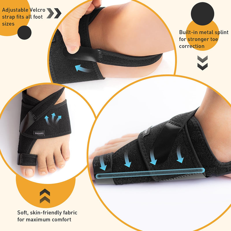 4PCS Bunion Corrector for Women & Men, 2PCS Big Toe Straightener with Splint & Pads（2-4hours,) 2PCS Big Toe Separator with Silicone Padding (24hours), bunion relief Reduce Pain, Washable(Black) R/L