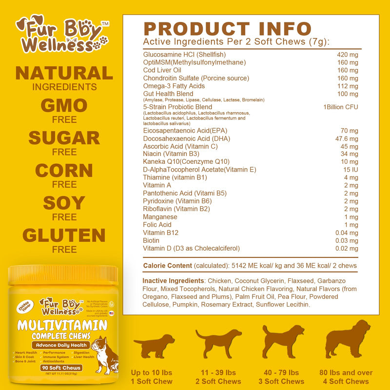 Daily Dog Multivitamin, Chewable Dog Vitamins and Supplements for Hip & Joints, Skin & Coat, Probiotics & Omega 3 Fish Oil for Dogs - Senior & Puppy Multivitamin - 90 Chews