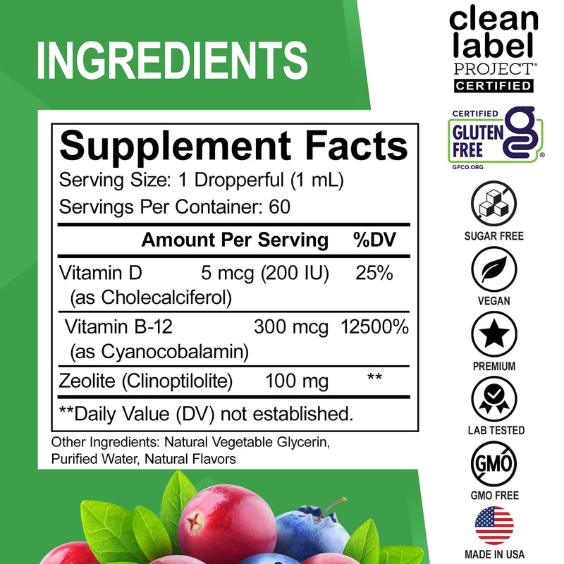 Zeolite Detox for Kids Liquid Drops - Advanced Clinoptilolite with Pure Vitamins B12 & D - Kids Gentle Body Daily Cleanse Focus & Speech Extra Clinoptilolite Zeolite Drops Detox Cleanse Supplement 2oz